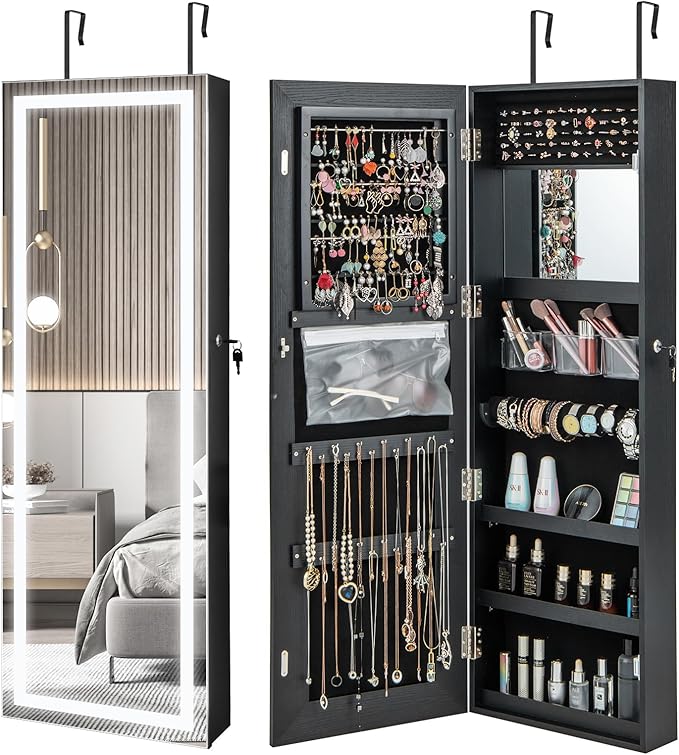 NAFORT LED Mirror Jewelry Armoire, Full Length Mirror with Storage Box, Wall or Door Mounted Organizer Cabinet, Lockable Over the Door Jewelry Storage, Black