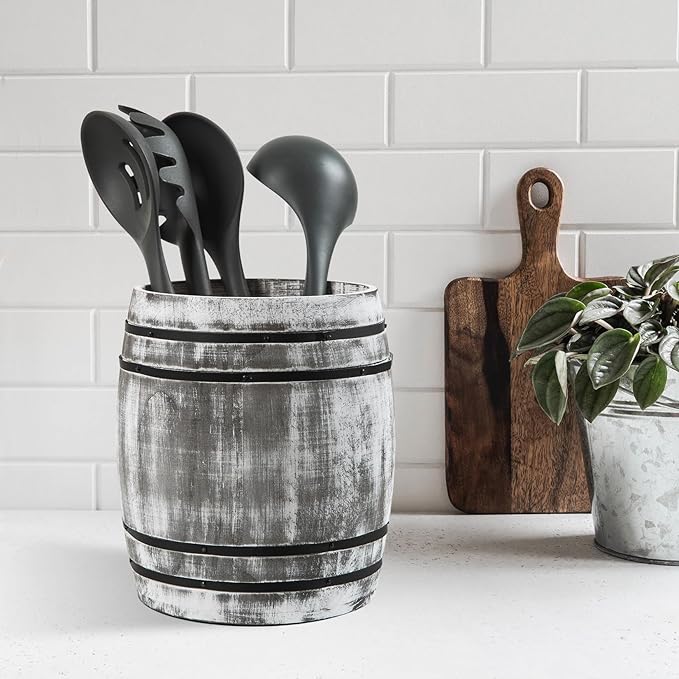 Rustic Dark Stone Gray Wood Utensil Crock Wine Barrel Kitchen Organization Countertop Holder Black Metal Cooking Tools Culinary Gadgets Compact Storage Vintage Wooden Organizer Home Restaurant