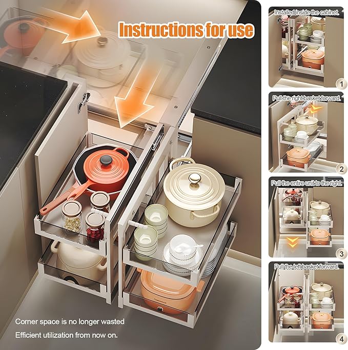 Blind Corner Cabinet Pull Out 13", 14.1", 15.3", 16.9", 2 Tier Kitchen Cabinet Organizer, Left & Right Open Compatible, Blind Corner Kitchen Cabinets