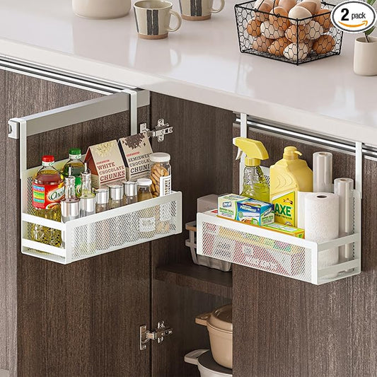 Hanging Kitchen Baskets Fine Mesh Wire Storage Basket Over Cabinet Door Organizer No Drilling Required for Kitchen Bathroom Office, Small, 2 Pack.