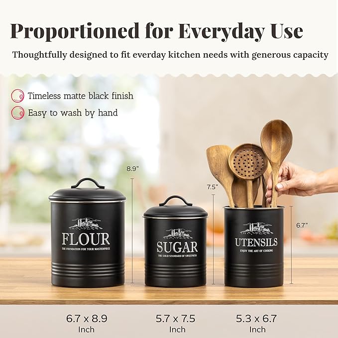 Kitchen Canisters for Countertop – 3-Piece Airtight Canister Set for the Kitchen Counter with Utensil Holder – Flour Sugar Containers – Matte Black Finish