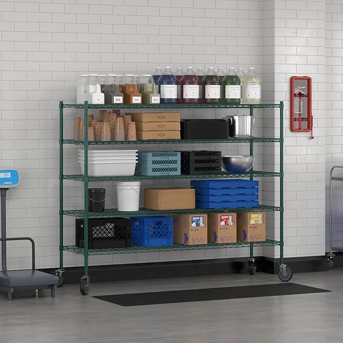 Commercial NSF Listed Green Epoxy Mobile Wire Shelving Kit 21" x 72" x 60", with 5 Shelves Perfect for Warehouse, Walk-in Refrigerator, Freezer, Grocery Store, Restaurant, Dishroom