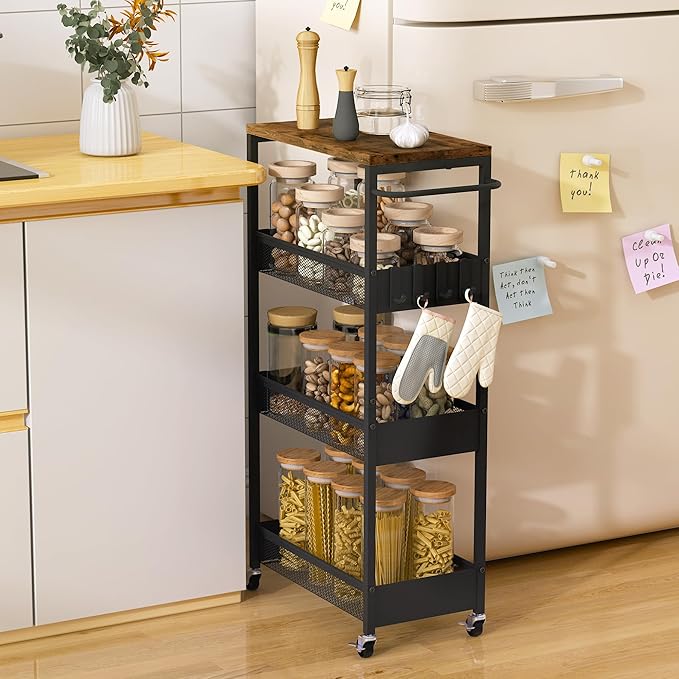 Slim Rolling Utility Cart, 4 Tier Metal Narrow Storage Cart with Handle and Wood Top, Multifunctional Small Mobile Shelf Unit Organizer Trolley for Laundry, Bathroom, Kitchen
