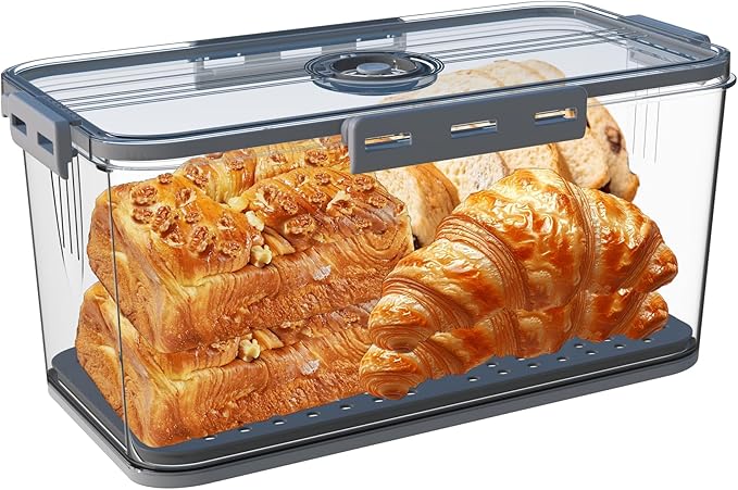 Bread Box Bread Boxes for Kitchen Counter Airtight,Time Recording Bread Storage Container with Lid, Bread Keeper for Homemade Bread, Toast, Bagel, Donut and Cookies, Grey