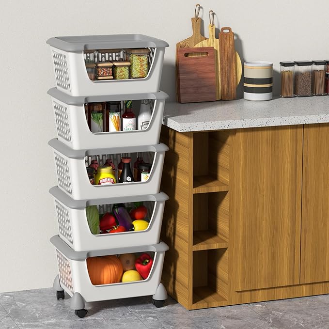 Plastic Open Stacking Storage Bins, 5 Tiers Large Kitchen Stackable Organizer Baskets with Wheels, Grey