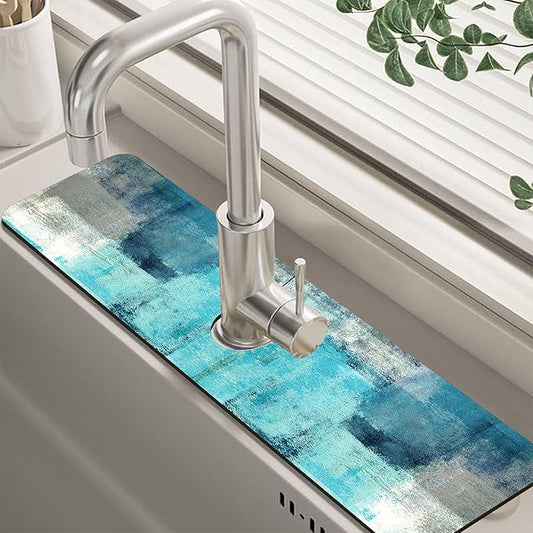 Kitchen Sink Splash Guard Faucet Mat Abstract Teal and Grey Geometric Absorbent Fast Drying Mat Faucet Draining Mat Sink Splash Guard Behind Faucet Drip Catcher for Kitchen Bathroom 24" X 5.5"