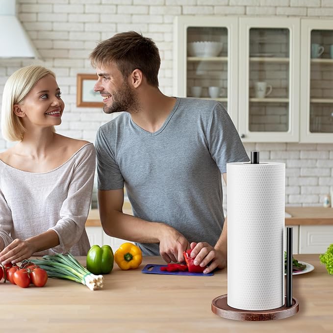 Wooden Paper Towel Holder Countertop - Kitchen Paper Towel Holder Stainless Steel with Real Wood Base, Farmhouse Paper Towel Roll Dispenser Fits Standard and Jumbo Size Paper Towels.