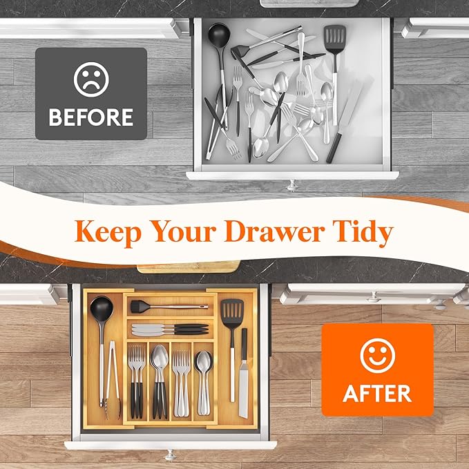 Lifewit Silverware Drawer Organizer, Expandable Utensil Tray for Kitchen, Bamboo Flatware and Cutlery Holder, Wood Adjustable Storage for Spoons Forks Knives, 28- 47 x 38cm, Natural