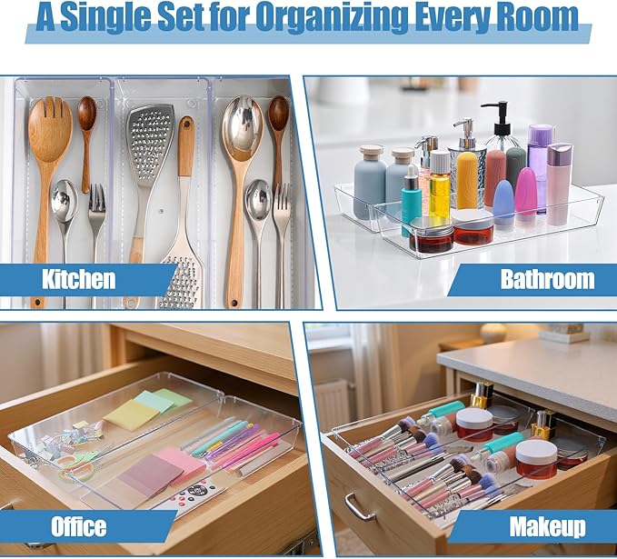 6Pack Drawer Organizer Tray 15 x 6 x 2Inch Large Clear Plastic Drawers Organizer Stackable Shallow Drawer Organizers for Jewelry, Snacks, Office, Bathroom, Bedroom and Kitchen