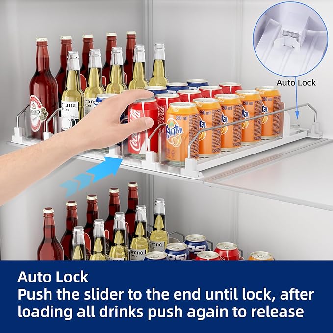 OKITCHEN Drinks Organizer for Fridge and Pantry, Soda Can and Bottle Dispenser for Refrigerator with Automatic Pusher Glide, 5 Rows Holds Up to 25 Cans