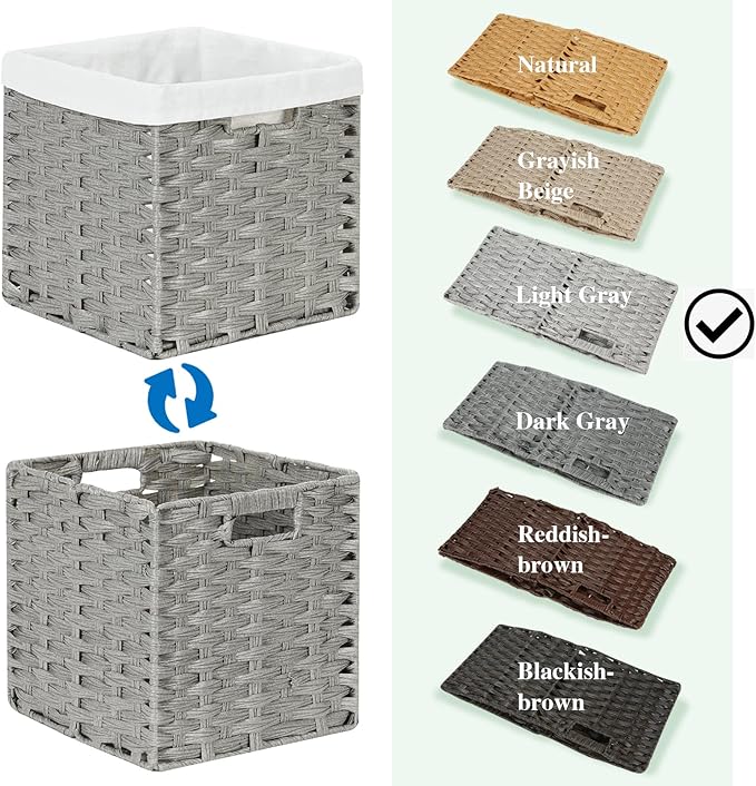 Bidtakay Wicker Cube Baskets with Liners Cube Storage Organizer for Shelves Closet 11 inch 4 Pack Decorative Hand-Woven Imitation Wicker Storage Bins for Organizing Pantry Bedroom Light Grey