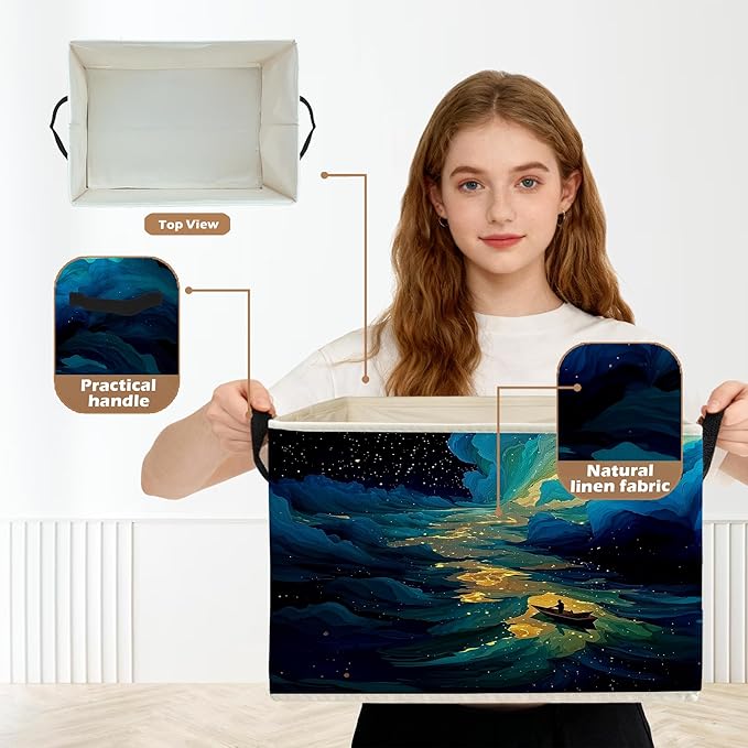 Dreamy Starry Sky Night Storage Box Bins, Blue Fantasy Galaxy River Boating Collapsible Storage Basket Organizer for Bedroom Laundry Room Home Clothes Toys Books, Toybox for Girls Boys