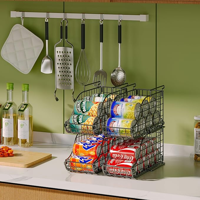 Sonyabecca 4-Pack Stackable Canned Food Organizer with Handles for Kitchen, Soda Can Organizer for Pantry Shelves, Wire Cabinet Shelf for Can Storage, Foldable Soda Dispenser, Patent Pending, Black
