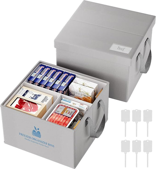 Housolution 2 Pack Freezer Organizer Bins, Collapsible Deep Chest Freezer Organizer Bins with Removable Dividers, Label Pockets, Waterproof Freezer Storage Bins with Portable Handle (14"x14"x9")