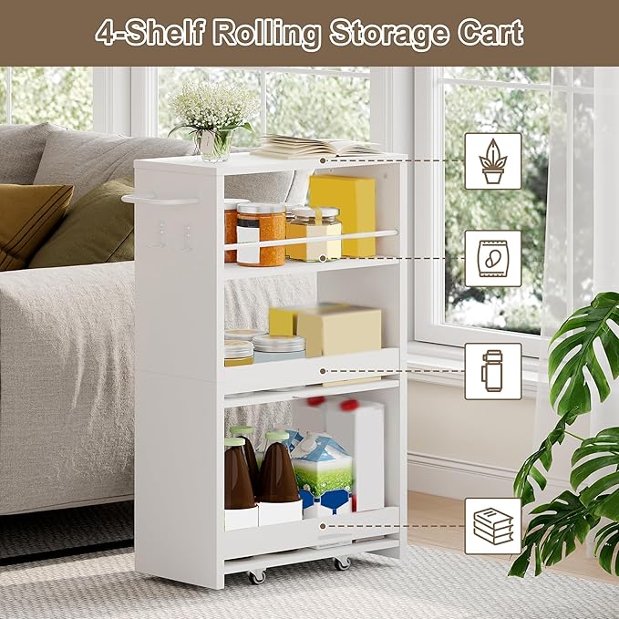 ChooChoo 4-Tier Bathroom Storage Cart, 7.87 inches Wide Narrow Storage Cabinet with 360° Wheels and 2 Hooks, Laundry Room Storage Organizer for Kitchen, Narrow Places, Living Room, White