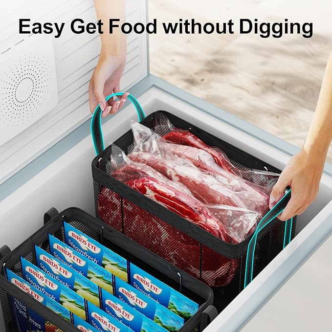 iSPECLE Deep Freezer Organizer Bins - 4 Pack 15" Large Stackable Freezer Organizer for 5 to 7 Cu.Ft Chest Freezer, Sturdy Fabric & Stainless Steel for Meat & Vegetables, Easy Access, Black