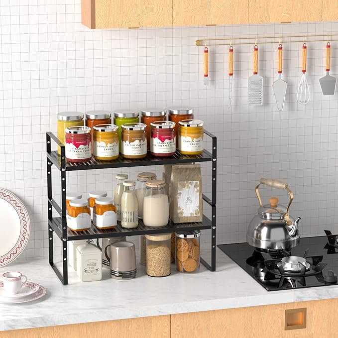 Expandable Kitchen Cabinet Shelf Organizer 2 Pack, Stackable Metal Pantry Storage Shelves, Adjustable Counter Shelf Organizer Rack for Kitchen Cabinets, Cupboard, Countertop, Closet, Black