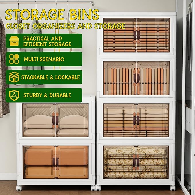 Storage Bins with Lids and Wheels, Collapsible Bathroom Storage Cabinet with Clear Doors, Plastic Stackable Closet Organizers and Containers White 628 QT