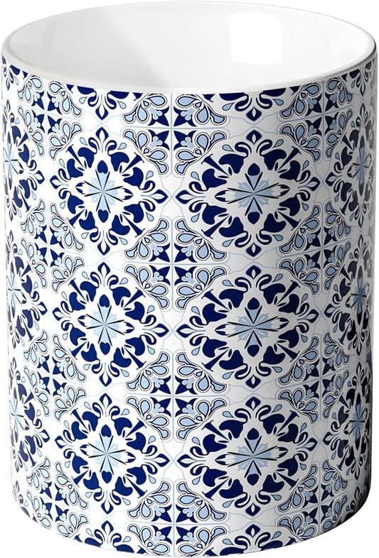 Ceramic Kitchen Utensil Holder for Countertop, Embossed Pattern Crock with Kiln-Fired Finish, Counter Organizer for Cooking Tools ,Blue