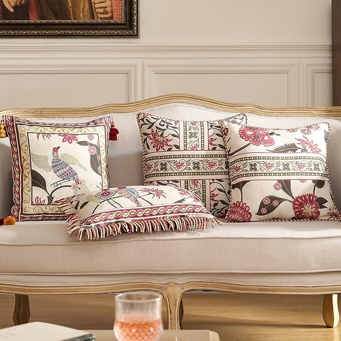 patdrea Designer Throw Pillow Covers 12"x20",Vintage Flowers and Bird Pattern Linen Pillowcases with Tassel Edges Pillows Cover for Couch,Decorative Rectangle Cushion for Living Room Outdoor Car