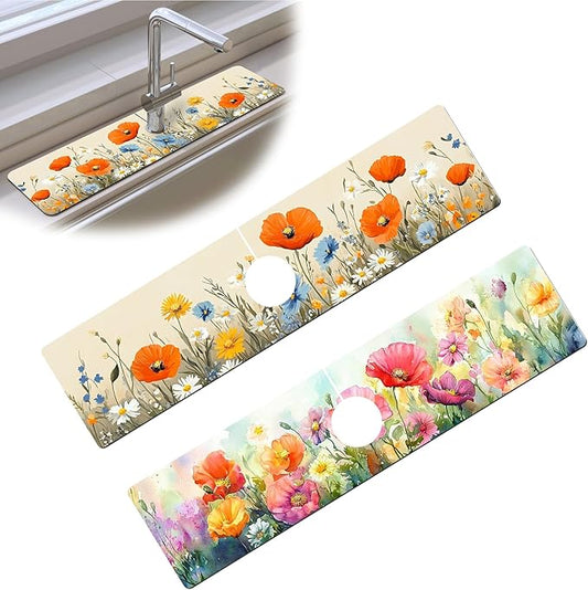 Bimkole 2 PCS Faucet Absorbent Mat, Kitchen Faucet Sink Splash Guard Wraparound Cloth Pads Drip Catcher for Sink Faucet for Kitchen Bathroom Faucet, Colorful Faucet Mat, 15 x 4 Inch Flower A5