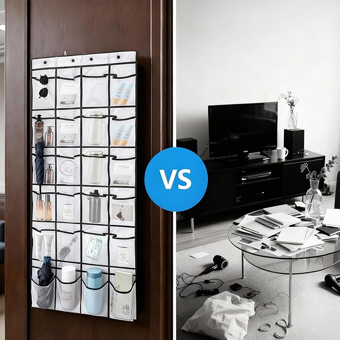 Magnetic Door Organizer with Hooks, 24 Mesh Pockets, Over Door Storage Solution, White, 55x21 Inch, Magnetic Shoe Rack Holder for Cruise Ship Cabins