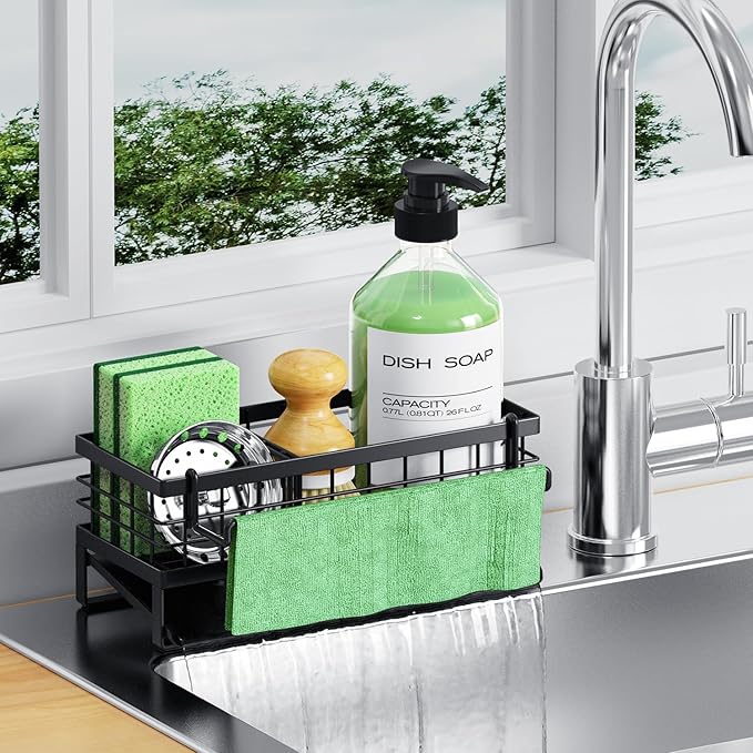 Self-Draining Kitchen Sink Caddy, Rustproof Non-Slip Sponge Holder with Detachable Dish Cloth Holder (Black)