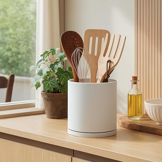 D'vine Dev 360° Rotating Utensil Holder – 7.2" Kitchen Utensil Crock for Countertop, Modern Cooking Tool Organizer for Kitchen Storage & Décor, Oatmeal, 72-X-D-2