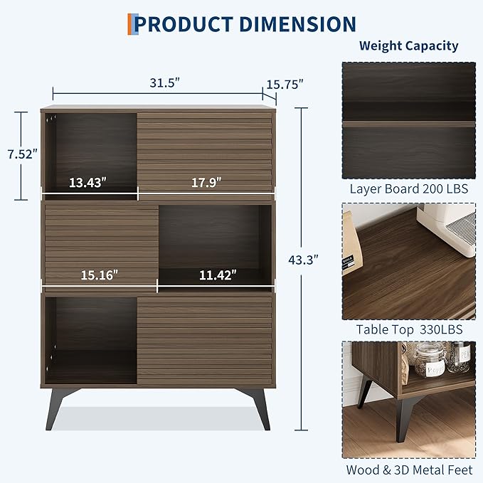 IDEALHOUSE Fluted Cabinet with Sliding Doors, Modern Wooden Storage Cabinet with Metal Base, 31 Inch Sideboard Cabinet with Storage for Dining Room,Living Room, Entryway
