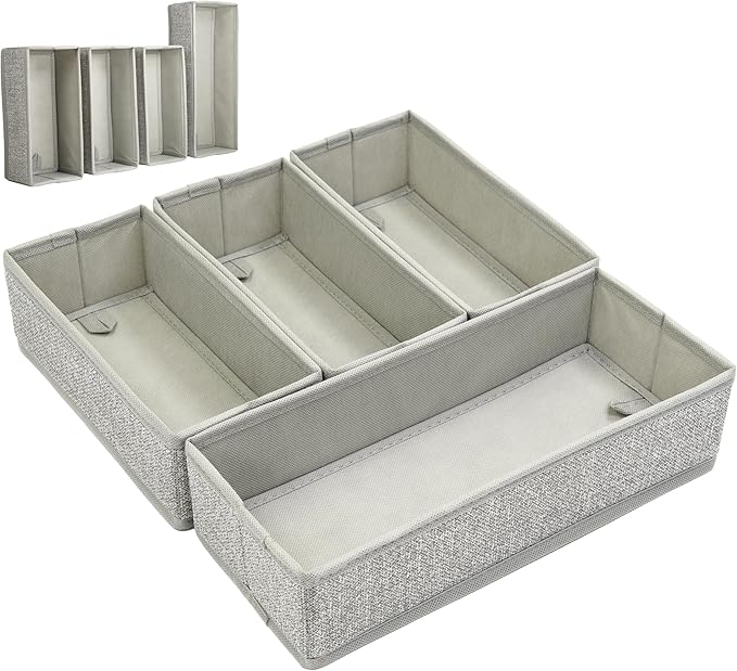 Drawer Organizer - 4-Piece Rigid Fabric Storage Bin Set - Fits Gallon, Quart and Sandwich Bags, Utensils & Silverware