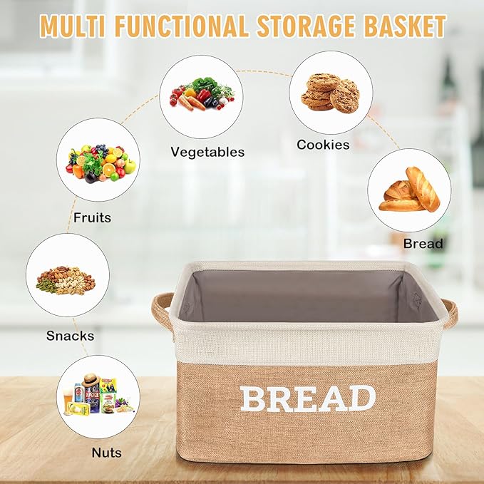Lukeline Bread Storage Basket for Kitchen, Foldable Fabric Bread Keeper Bread Storage Container Bin with Handles, Bread Baskets for Kitchen Counter and Pantry (White & Beige)