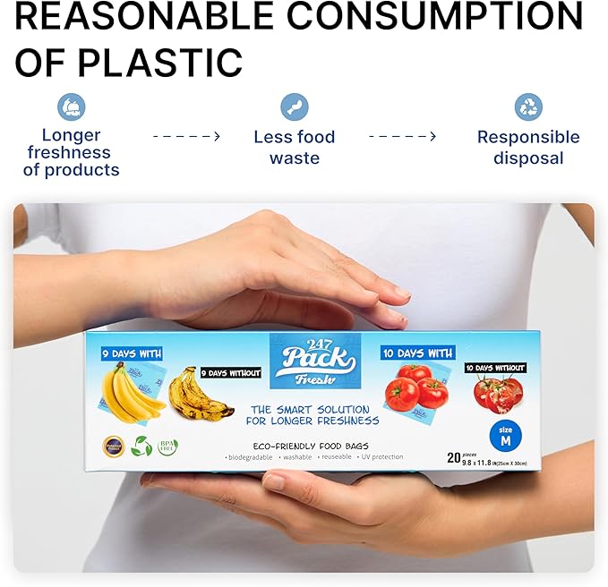 Freshpack 247 Food Bags – Tear-Off Bags on a Roll, Reusable, Ethylene Absorption Helps Keep Food Fresh up to 3× Longer – Biodegradable, BPA-Free, UV-Shielded, SGS Tested (Medium)
