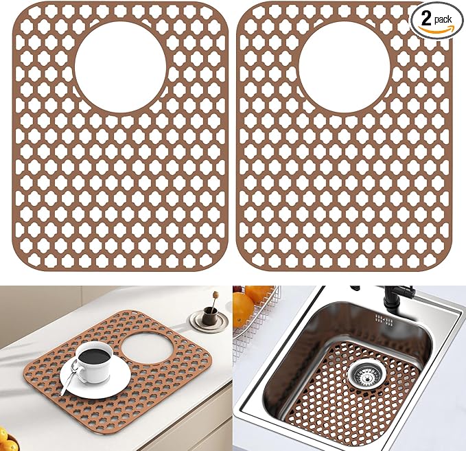 BEHOK 2 Pack Silicone Sink Protector for Kitchen Sink Bathroom, 13.58" x 11.6" Heat-resistant Sink Mat Non-Slip and Durable Silicone Protectors, Rear Drain, Coffee