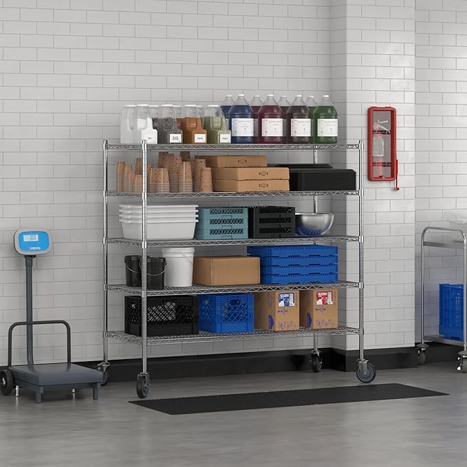 Commercial NSF Listed Chrome Mobile Wire Shelving Kit 24" x 60" x 60", with 5 Shelves Perfect for Warehouse, Walk-in Refrigerator, Freezer, Grocery Store, Restaurant, Dishroom