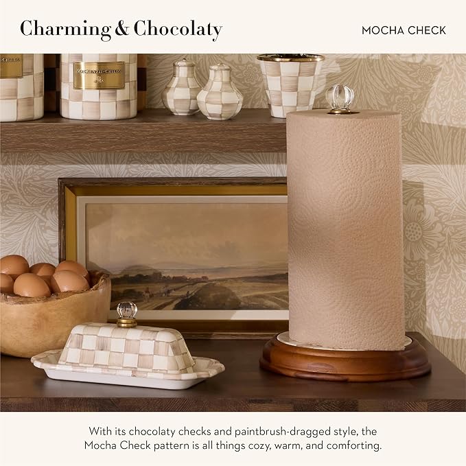 MACKENZIE-CHILDS Wood Paper Towel Holder, Decorative Paper Towel Holder for Kitchen, Brown-and-White Mocha Check