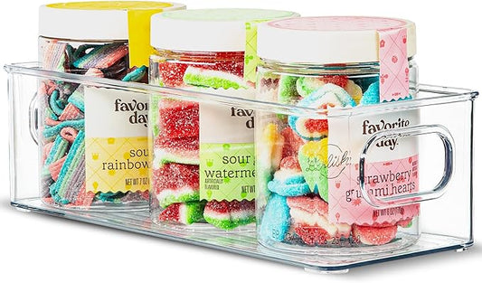 primebox Plastic Food Storage Clear Container Bin with Handles for Organizing Kitchen, Pantry, Refrigerator, Freezer, Pantry, Cabinet, Closet, Bathroom. Stackable 10"X4"3"