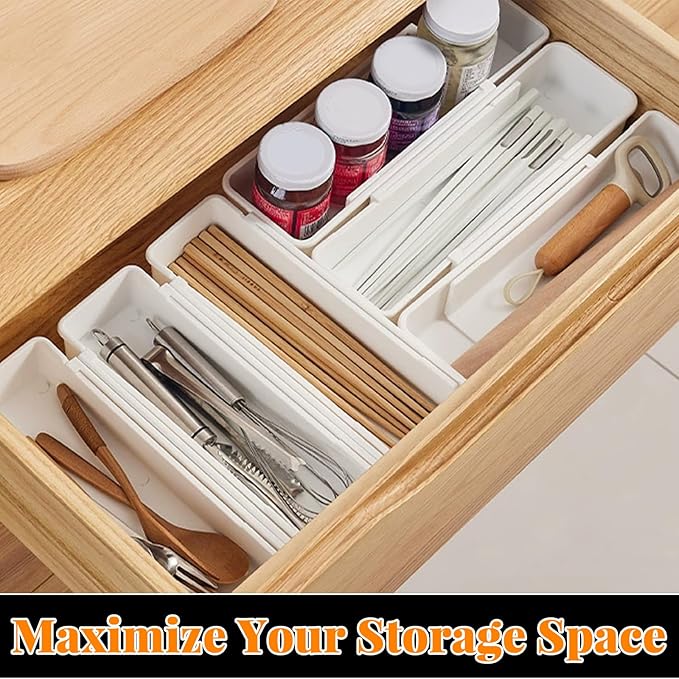 Expandable Silverware Tray for Kitchen Drawers, Adjustable Sliding Drawer Organizer Expands up to 16.33 Inches, Utensil Holder & Divider, Durable Plastic Bathroom Office Storage