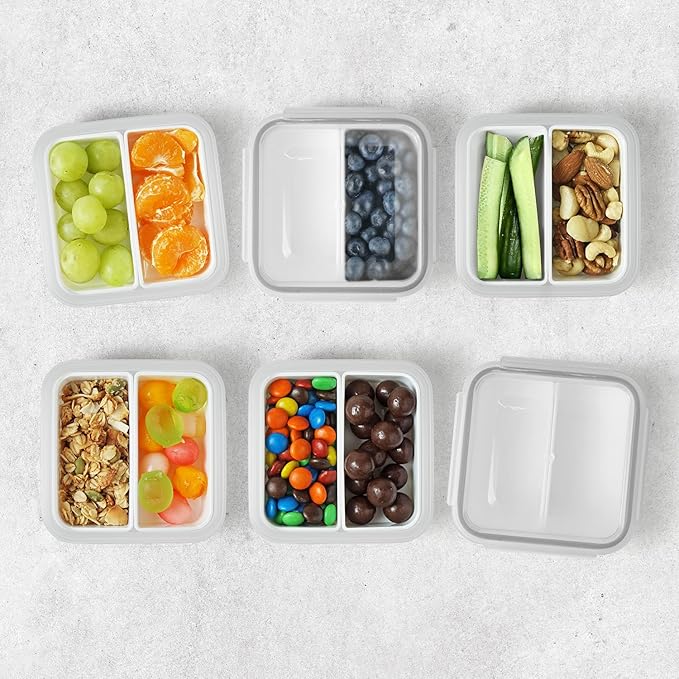 carrotez 2 Compartment Small Snack Containers, Mini Snack Containers for Mini Fridge, Small Divided Food Storage Containers, Airtight Lids, Reusable, 1.1 cup, 6 PACK