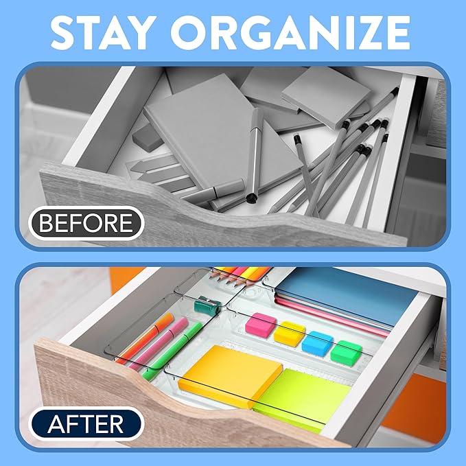Drawer Organizer Set - Includes 3-piece 9x6" bins, 6-piece 9x3" bins, 8-piece 6x3" Bins, 8-piece 3x3" Bins, Stackable 4 Size Storage Trays for Makeup, Kitchen, and Office, Pack of 25