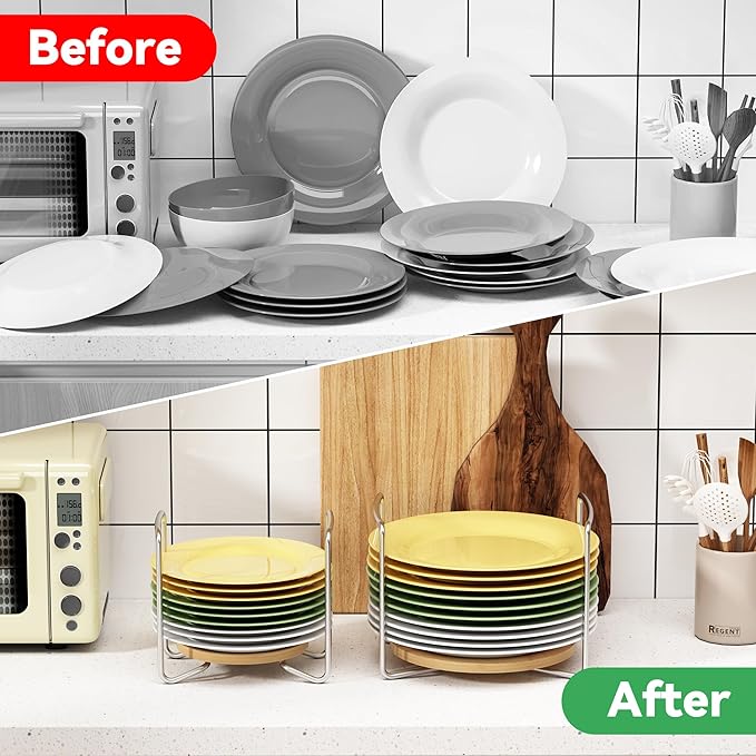 Plate Holder for Kitchen Drawers - Bamboo Dish Racks for Kitchen Counter 2Pcs Small & Large - Adjust 6.75" to 12.5" Stainless Steel Plate and Bowl Organizer for Cabinet, RV, Countertop