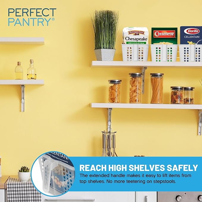 Handy Basket – Kitchen Discovery – Kitchen Pantry Organizers and Storage - Plastic Organizer Bins with Handles in Large Size for Chip Bags, Cake Mixes, Pasta, and Condiments