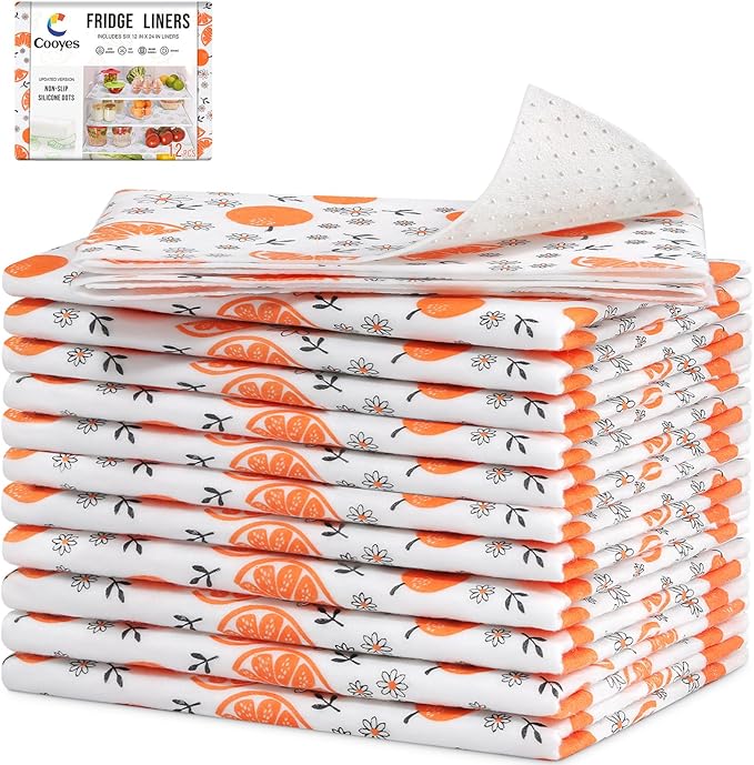 Cooyes Shelf Liners, 2-in-1 Non-Slip Fridge Mats, Absorb Excess Moisture, No-BPA Multiple Sizes for Glass Shelves, Kitchen Cabinets, Drawers (12 W x 24 L Inches, Dasiy-12 Pack)