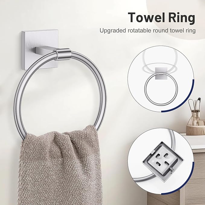 Towel Ring Set 4 Piece Bathroom Hardware Set Includes Towel Ring 2 Towel Hooks and Toilet Paper Holder Stainless Steel Wall Mounted (Brushed Nickel)