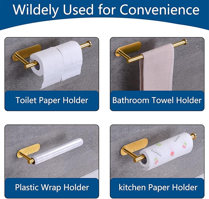 Paper Towel Holder with 2 Hooks-Under Cabinet Paper Towel Holder for Kitchen, Self-Adhesive or Screws, Space Saving Wall Mounted Kitchen Roll Holder, Bathroom, Stainless Steel Brushed Gold