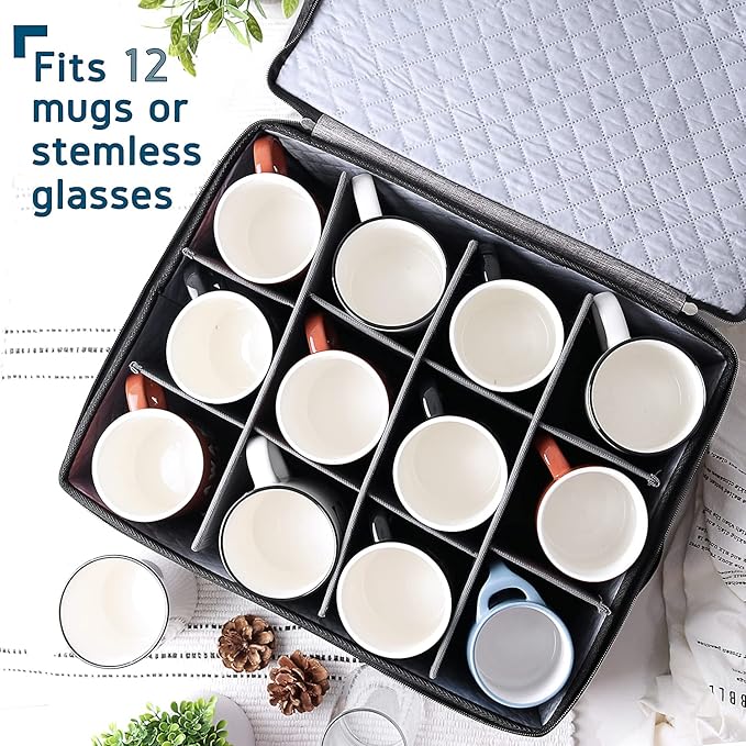 Coffee Mug Storage, 2 Pack Quilted and Stackable Coffee Cup Storage Organizer for Service of 24, Mug Storage Box with Dividers, China Containers Hard Shell for Moving and Organization, Grey