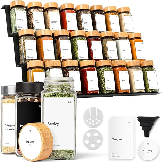 KIVY Drawer Spice Organizer + 24 Jars & 240 Labels - Seasoning Rack for Organization - Kitchen Drawer Insert for Spice Jars - Glass Seasoning Jars with Airtight Lids - Glass Spice Jars with Label