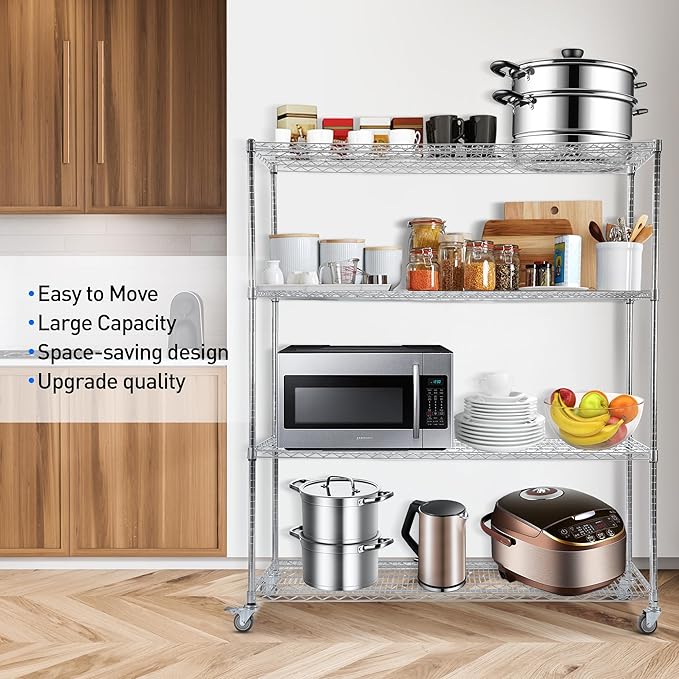 Rengue 4-Tier Heavy Duty Wire Storage Shelves with Wheels, 60" W x 24" D x 72" H Metal Storage Rack, Adjustable Garage & Pantry Shelves, 2400 LBS Commercial Grade, Chrome
