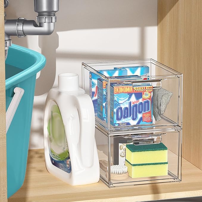3 Pack Stackable Makeup Organizer and Storage, Acrylic Organizers，Clear Plastic Storage Drawer with Handles for Vanity, Undersink, Kitchen Cabinets, Pantry