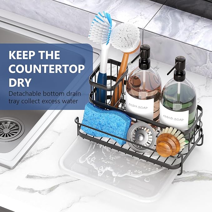Trendy Sink Caddy Kitchen Organizer, Non-Slip Dish Soap Dispenser Rack with Drain Tray, Rustproof Brush Holder for Countertop Storage (Matte Black)