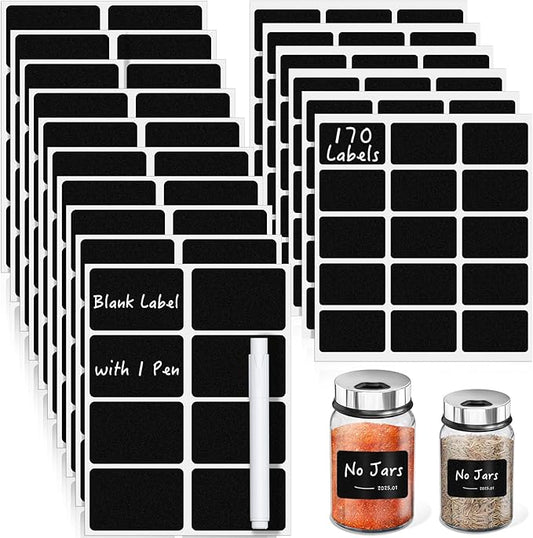 Segarty Chalkboard Labels, 170 Pcs Square Blank Labels with 1 White Chalk Marker for Spice Jars, Waterproof Revmovable Black Stickers for Food Containers, Seasoning Bottles, Kitchen Storage Bin